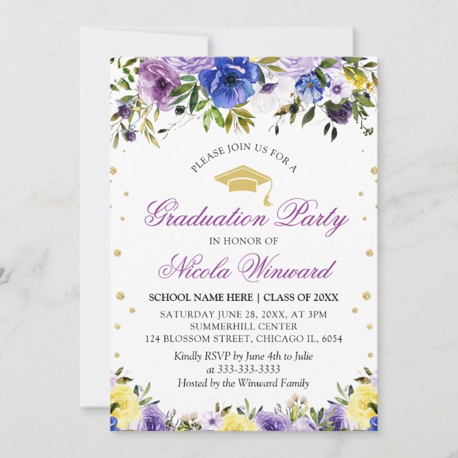 Watercolor Purple Flowers Girl Graduation Party  Invitation (Front)