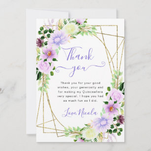 Watercolor Purple Flowers Gold Frame Quinceanera Thank You Card
