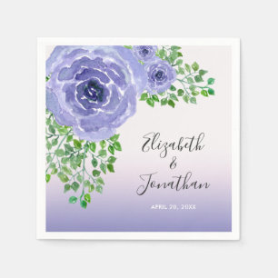 Watercolor Purple Flowers Greenery Wedding Napkin