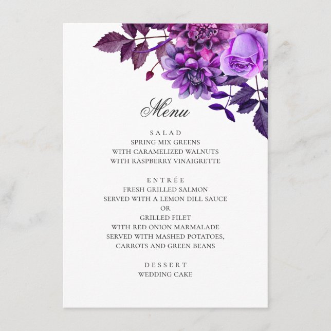 Watercolor purple flowers. Lavender floral wedding Menu (Front)