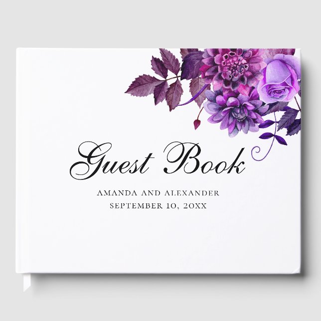Watercolor purple flowers. Lilac floral wedding Guest Book (Front)