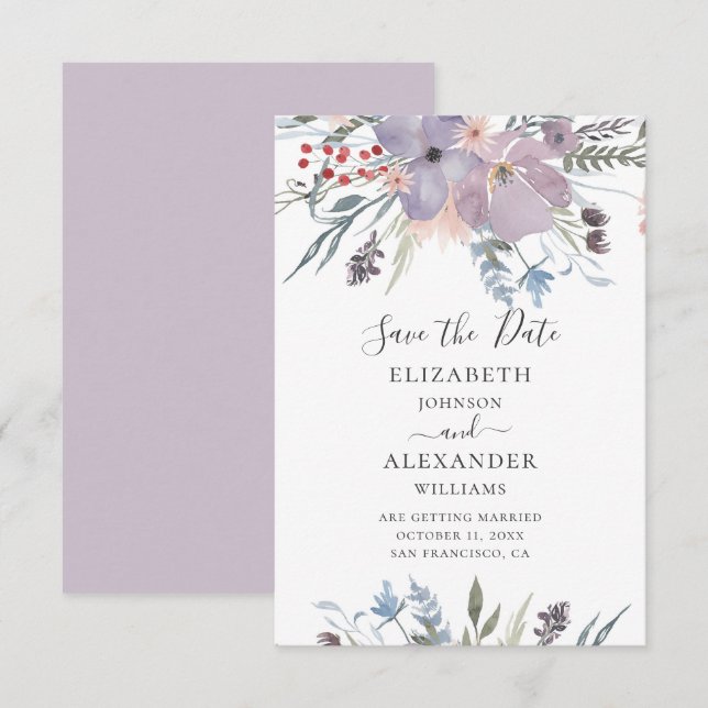 Watercolor purple flowers. Lilac floral wedding Invitation (Front/Back)