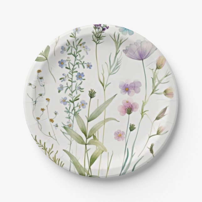 Watercolor purple flowers paper plate (Front)