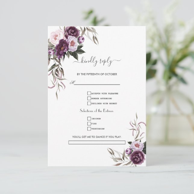 Watercolor Purple Flowers Song Request Wedding  RSVP Card (Standing Front)