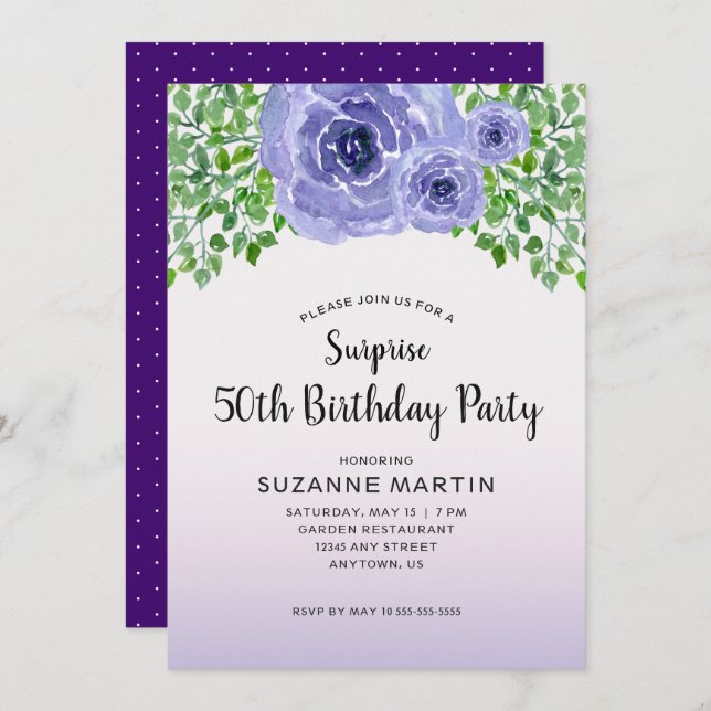 Watercolor Purple Flowers | Surprise 50th Birthday Invitation (Front/Back)