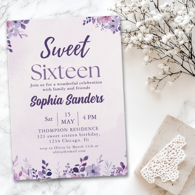 Watercolor Purple Flowers Sweet Sixteen Invitation (Creator Uploaded)