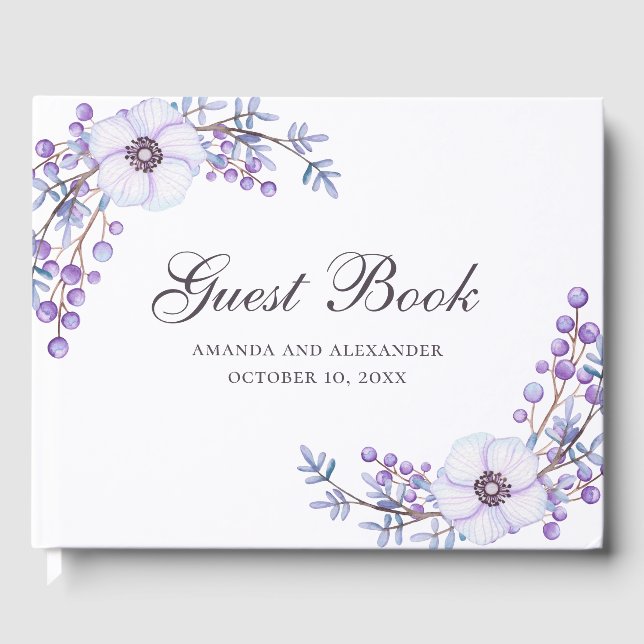 Watercolor purple flowers. Violet floral wedding Guest Book (Front)