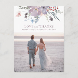 Watercolor purple flowers. Wedding love and thanks Postcard