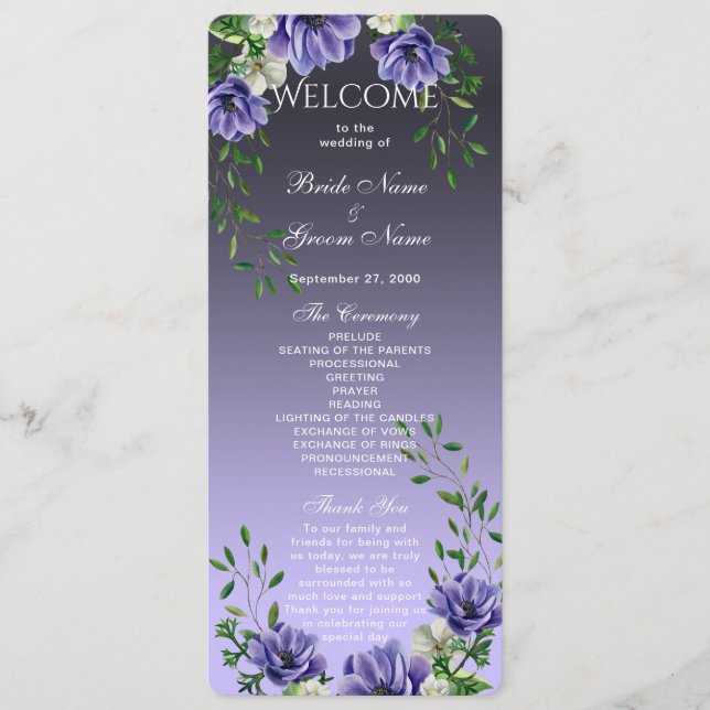 Watercolor Purple Flowers Wedding Program Programme (Front)