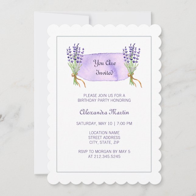 Watercolor Purple French Lavender Flowers Birthday Invitation (Front)