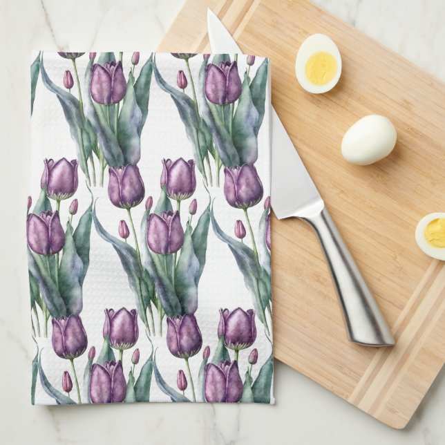 Watercolor Purple Garden Flower Poppy Floral Tea Towel (Quarter Fold)