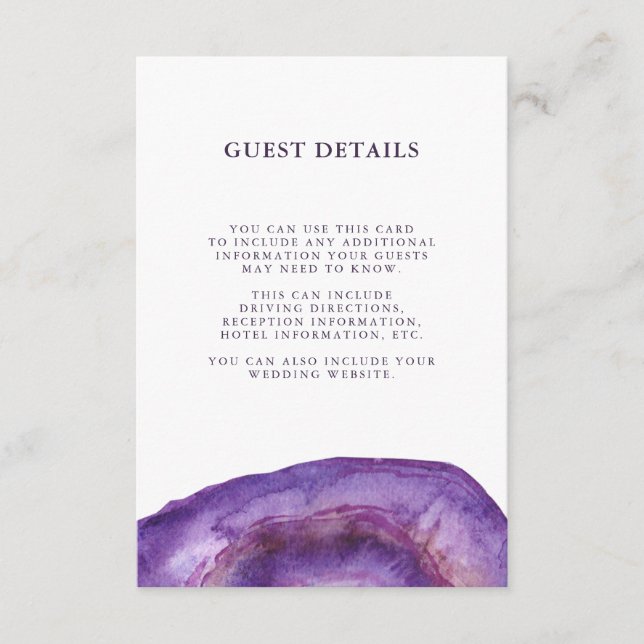 Watercolor Purple Geode Wedding Guest Information Enclosure Card (Front)