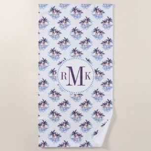 Watercolor Purple Geometric Palm Tree Pattern Beach Towel
