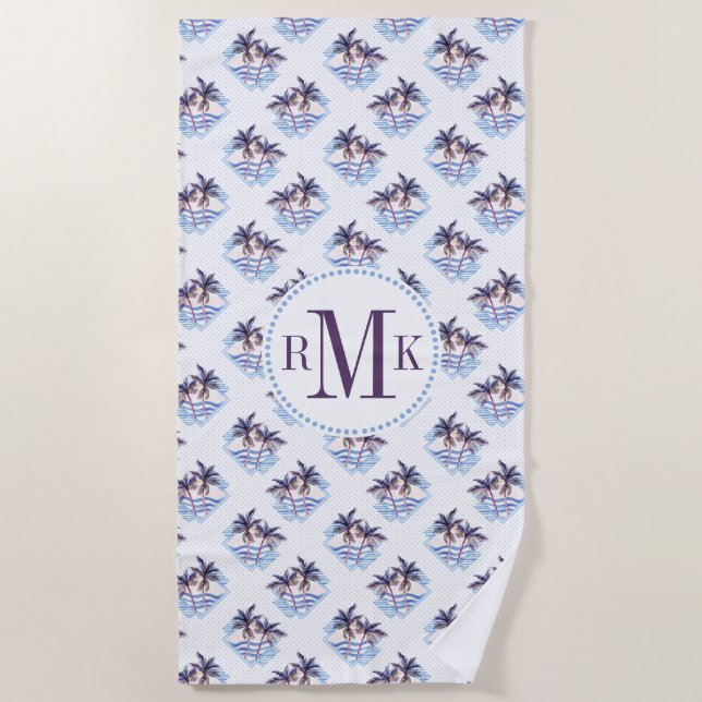 Watercolor Purple Geometric Palm Tree Pattern Beach Towel (Front)