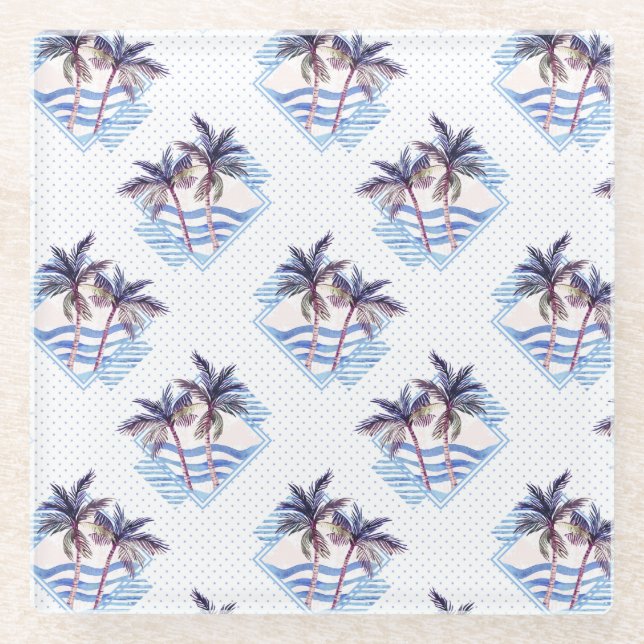 Watercolor Purple Geometric Palm Tree Pattern Glass Coaster (Front)