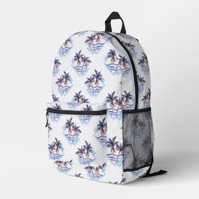 Watercolor Purple Geometric Palm Tree Pattern Printed Backpack (Back Corner Right)