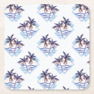 Watercolor Purple Geometric Palm Tree Pattern Square Paper Coaster