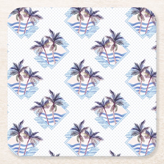 Watercolor Purple Geometric Palm Tree Pattern Square Paper Coaster (Front)