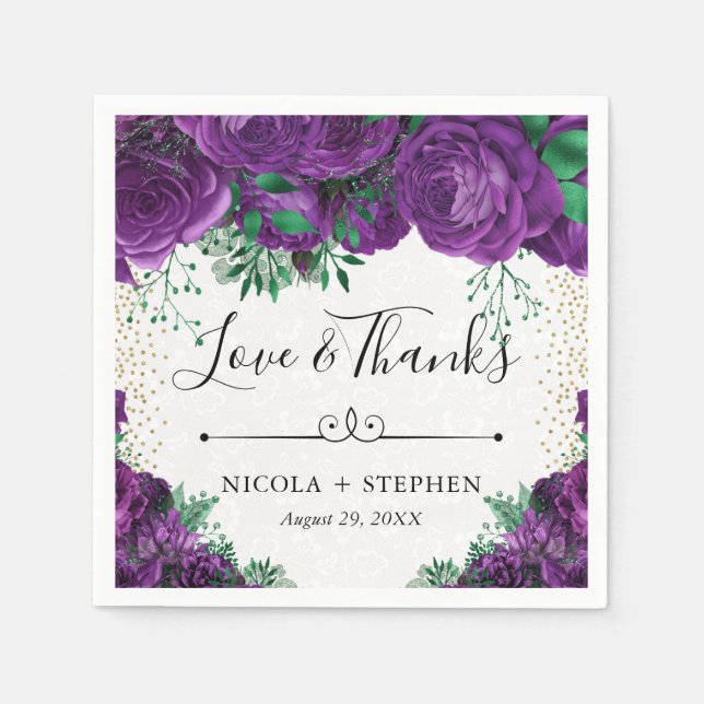 Watercolor Purple Glam Roses Wedding Napkin (Front)