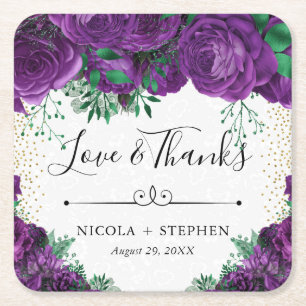 Watercolor Purple Glam Roses Wedding Square Paper Coaster