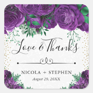 Watercolor Purple Glam Roses Wedding Square Sticker