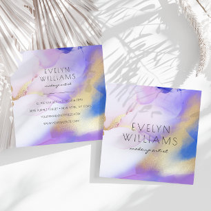 Watercolor Purple Gold Abstract Calligraphy Script Square Business Card