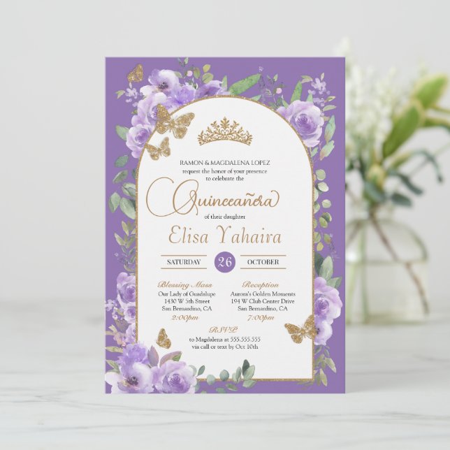 Watercolor Purple & Gold Butterfly Quinceañera Invitation (Standing Front)