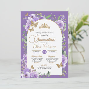 Watercolor Purple & Gold Butterfly Quinceañera Invitation