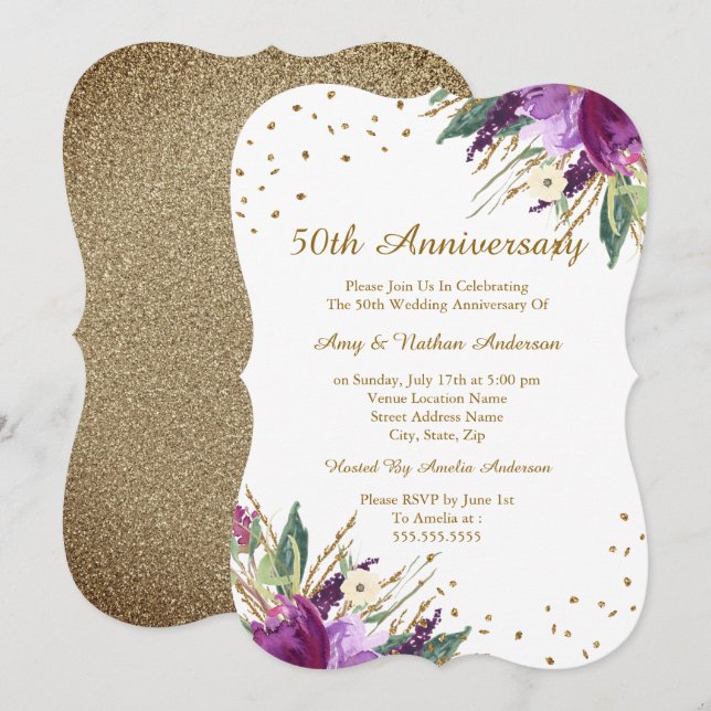 Watercolor Purple Gold Flower 50th Anniversary Invitation (Front/Back)