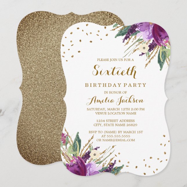 Watercolor Purple Gold Flower 60th Birthday Party Invitation (Front/Back)
