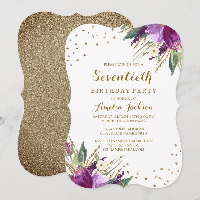 Watercolor Purple Gold Flower 70th Birthday Party Invitation (Front/Back)