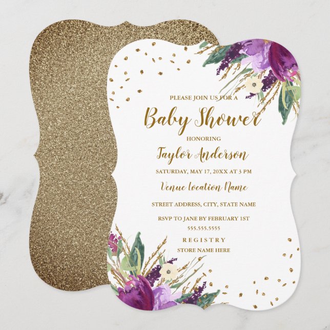 Watercolor Purple Gold Flower Baby Shower Invitation (Front/Back)