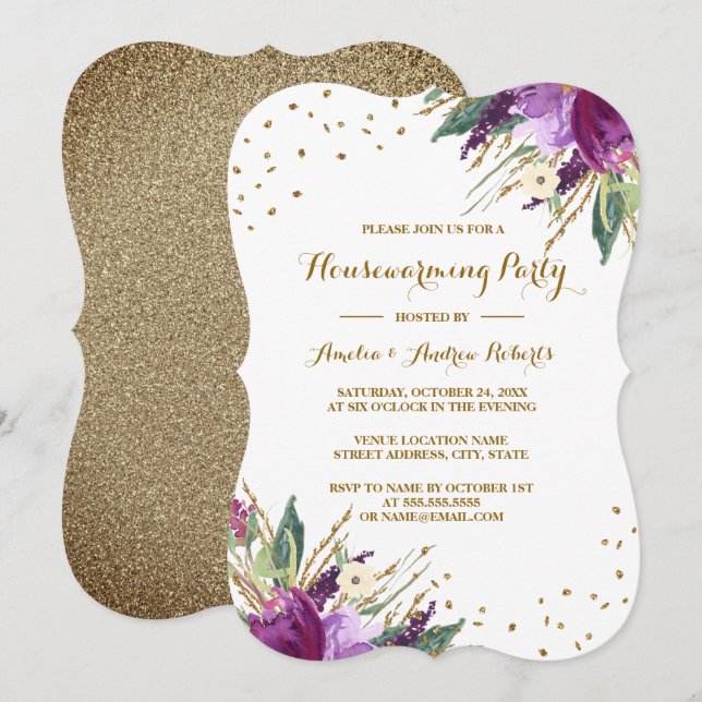 Watercolor Purple Gold Flower Housewarming Party Invitation (Front/Back)