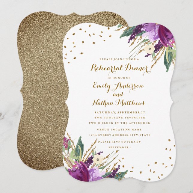 Watercolor Purple Gold Flower Rehearsal Dinner Invitation (Front/Back)