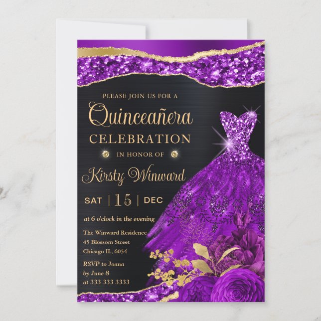 Watercolor Purple Gold Glitter Dress Quinceanera Invitation (Front)