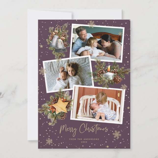 Watercolor Purple Gold Photo Merry Christmas Cards (Front)
