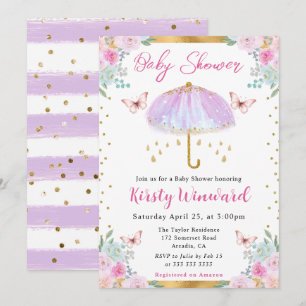 Watercolor Purple Gold Spring Umbrella Baby Shower Invitation
