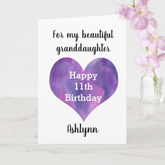 Watercolor Purple Heart 11th Birthday Granddaughte Card (Orchid)