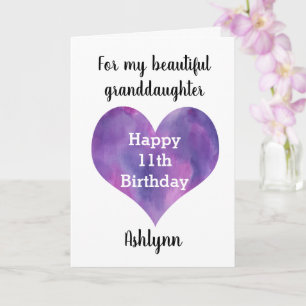 Watercolor Purple Heart 11th Birthday Granddaughte Card