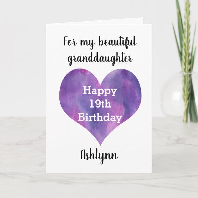Watercolor Purple Heart Happy 19th Birthday Card (Front)