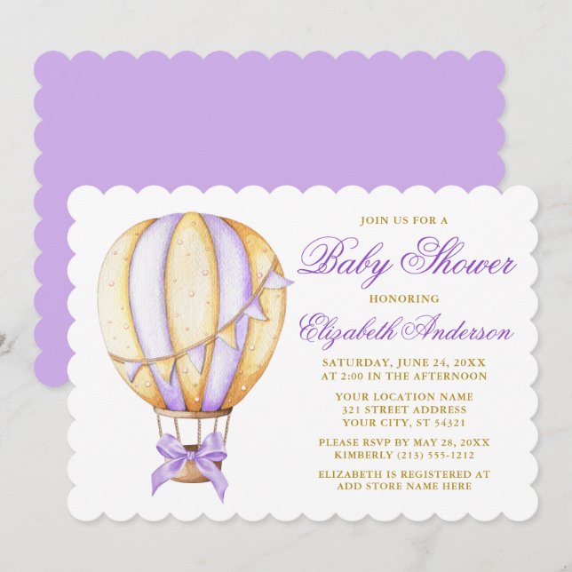 Watercolor Purple Hot Air Balloon Bow Baby Shower Invitation (Front/Back)