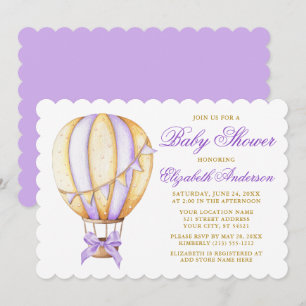 Watercolor Purple Hot Air Balloon Bow Baby Shower Invitation