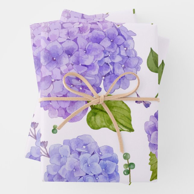 Watercolor Purple Hydrangea Flowers  Wrapping Paper Sheet (In situ)