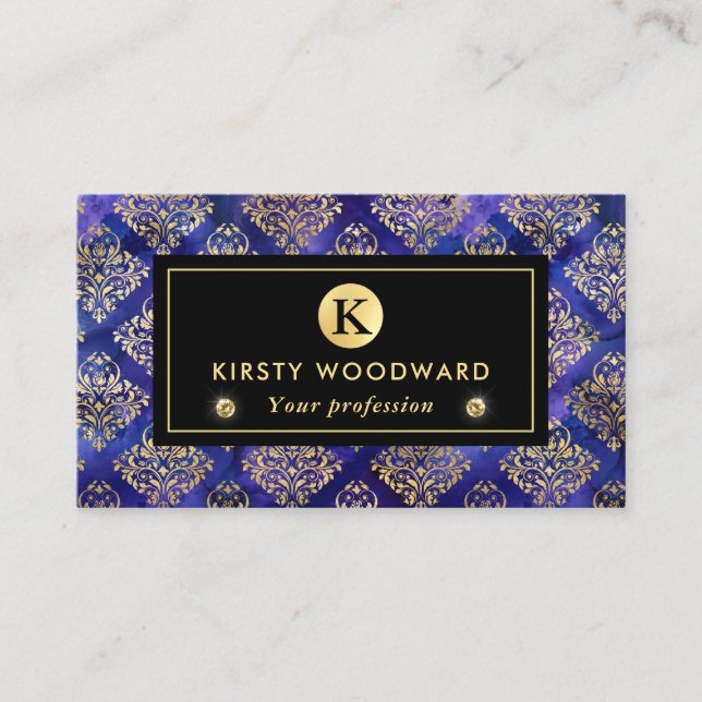 Watercolor Purple Ink Pattern with Gold Damask Business Card (Front)