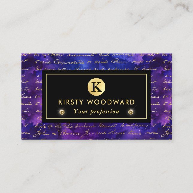 Watercolor Purple Ink Pattern with Gold script Business Card (Front)