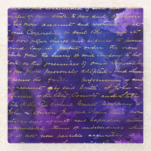 Watercolor Purple Ink Pattern with Gold script Glass Coaster