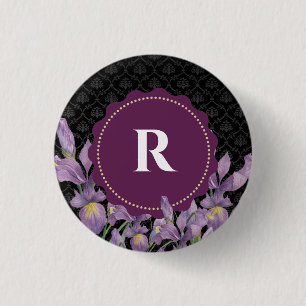 Watercolor Purple Iris Black Damask Monogram 3 Cm Round Badge