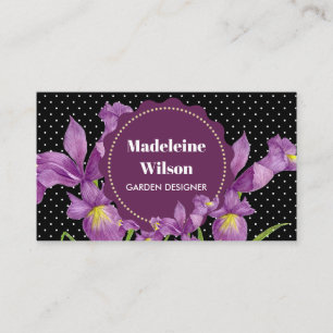 Watercolor Purple Iris Black White Polka Dots Busi Business Card