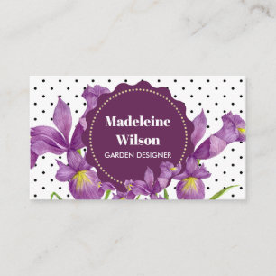 Watercolor Purple Iris Black White Polka Dots Busi Business Card