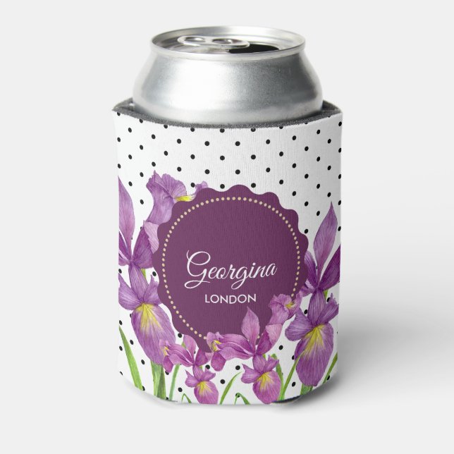 Watercolor Purple Iris Black White Polka Dots Can Cooler (Can Back)